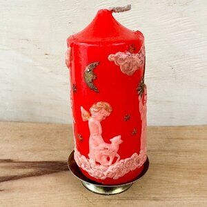 Vintage Christmas Candle Red Angels Crescent Moon Comet 2"‎ Pillar